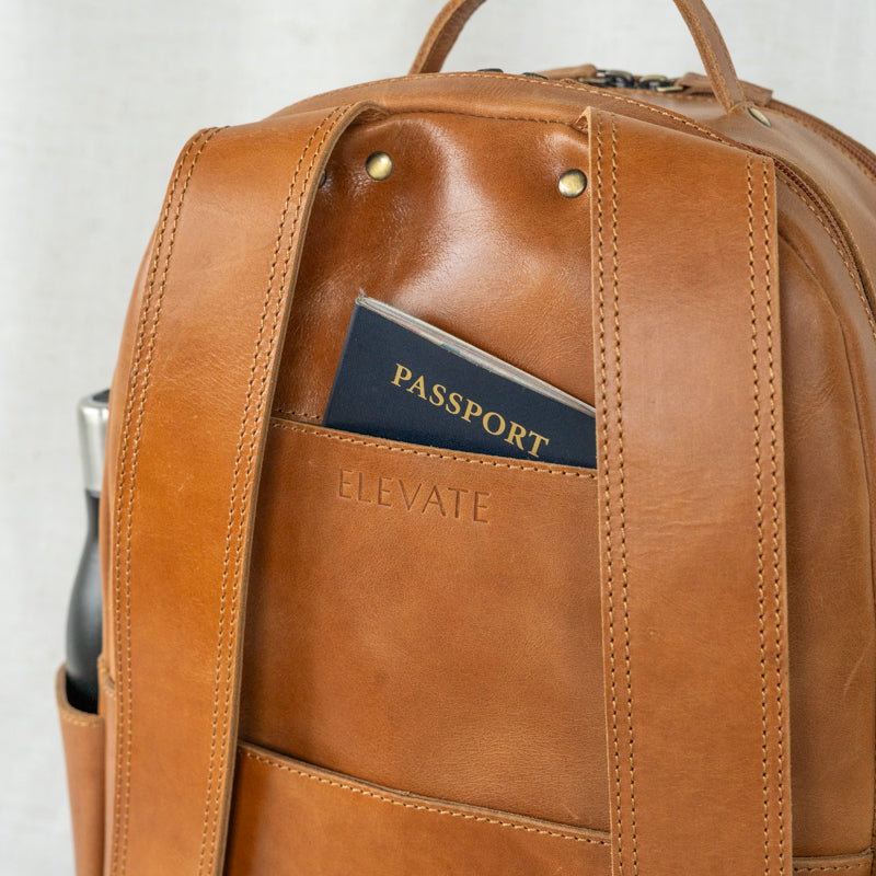 Closeup of Elevate Commuter Backpack in Camel