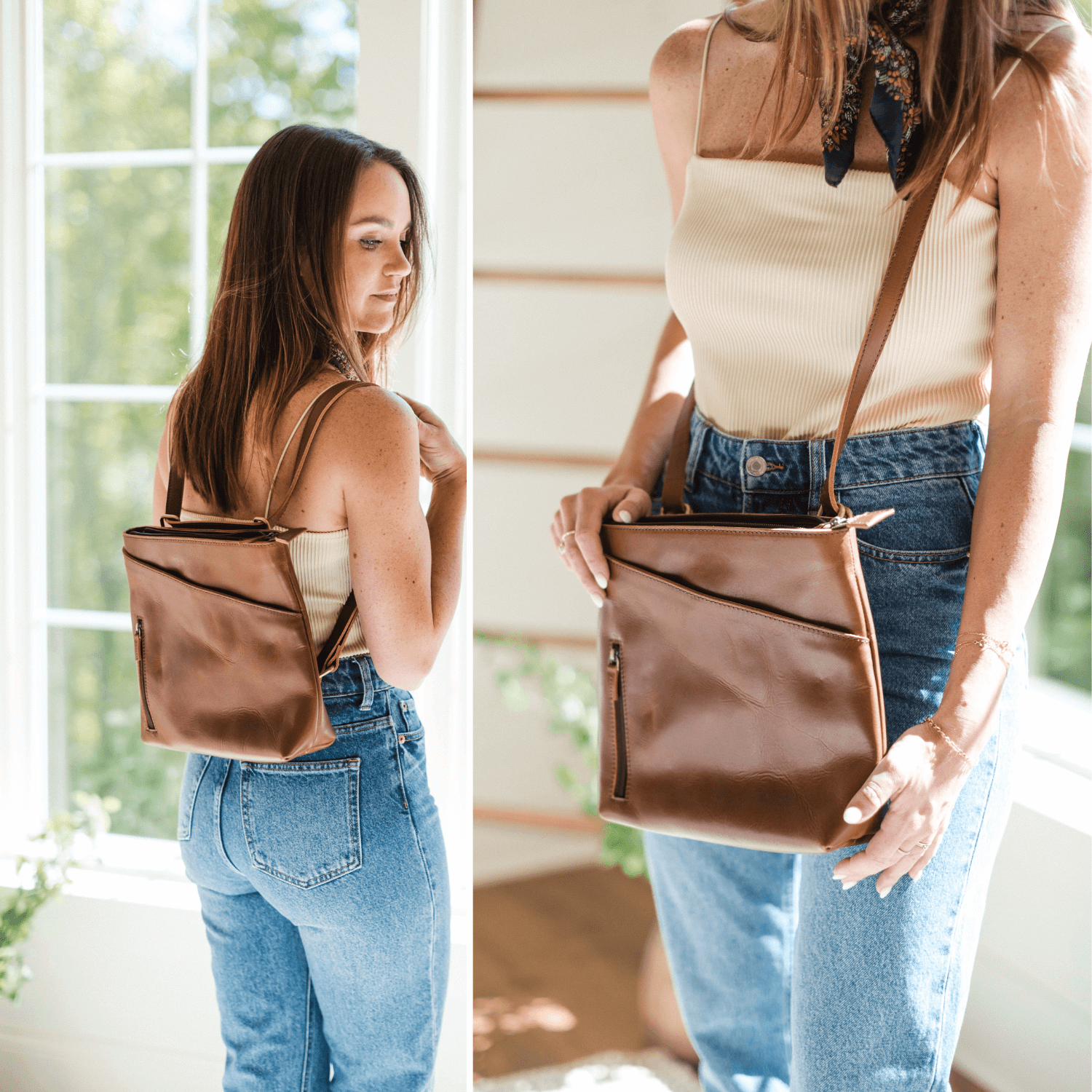 Woman standing in Living Room wearing leather bag as a backpack then as a crossbody