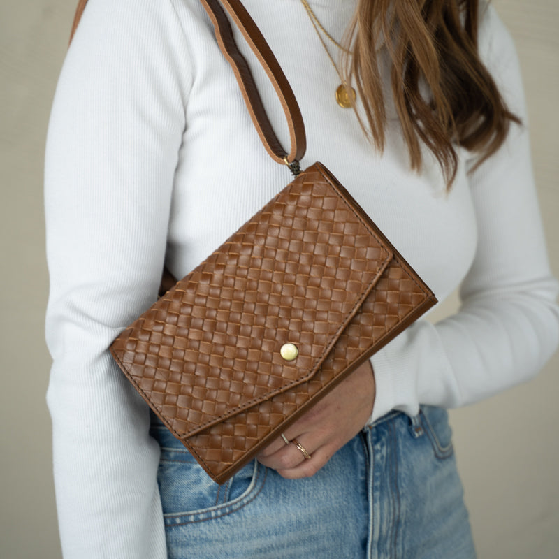 Woman wearing Woven DiMarco by Elevate in chestnut